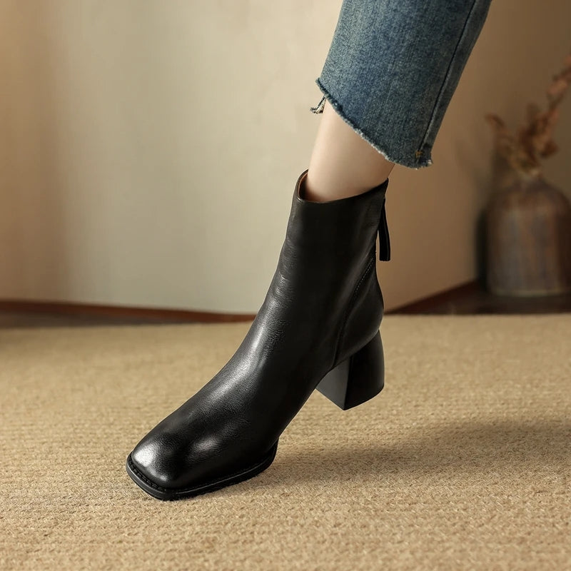 Women's Genuine Leather Chunky Heel Square Toe Ankle Boots