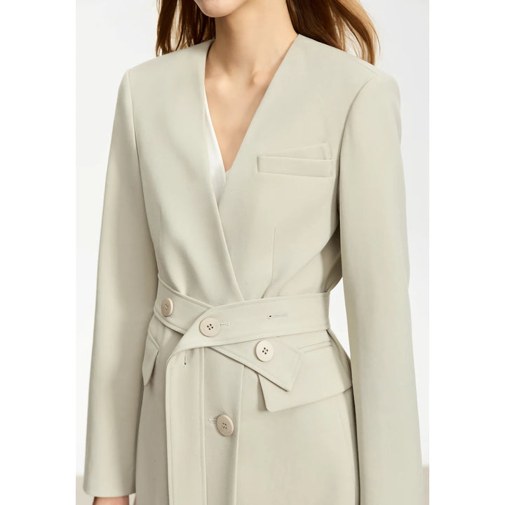 Elegant V-Neck Blazer with Belt and Shoulder Pads