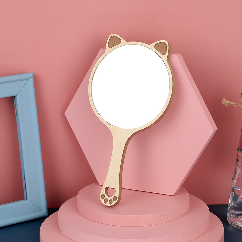 Charming Wooden Handheld Makeup Mirror with Cute Cat Ear Design