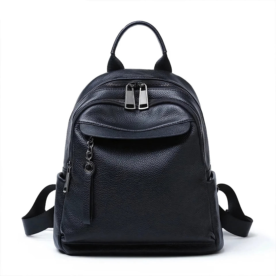 Stylish Black Cowhide Leather Backpack for College Girls