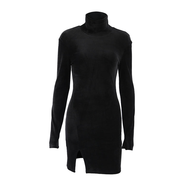 Black Silver Fox Velvet Turtleneck Long Sleeve Dress