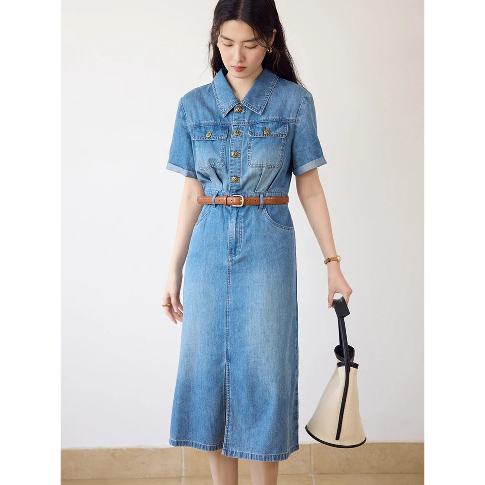 Denim Blue Polo Neck Short Sleeve Shirt Dress