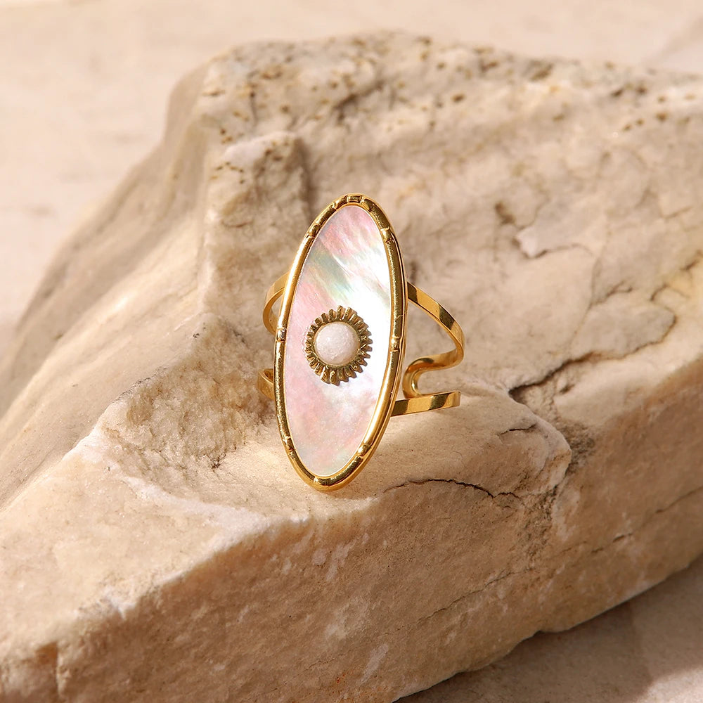 Elegant Gold Plated Oval Shell Pearl Adjustable Ring