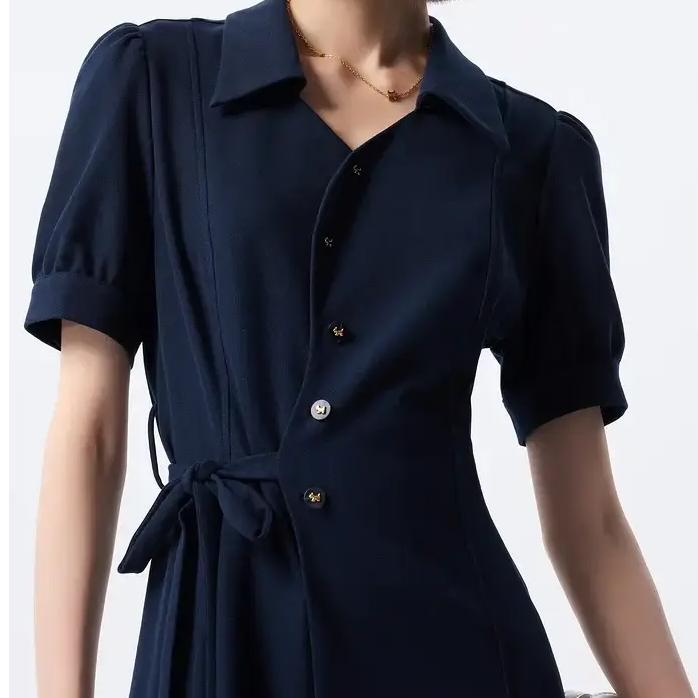 Elegant Navy Dress with Lace-Up Waistband