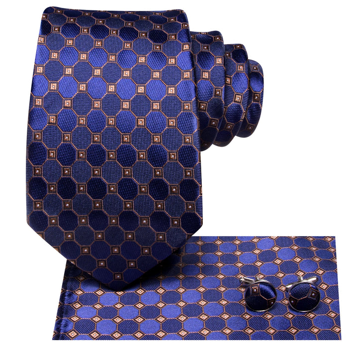 Navy Blue and Gold Plaid Silk Necktie Set with Cufflinks & Pocket Square for Men