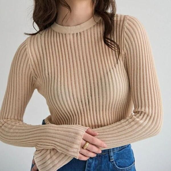 Elegant Striped Long Sleeve See-Through Top for Women