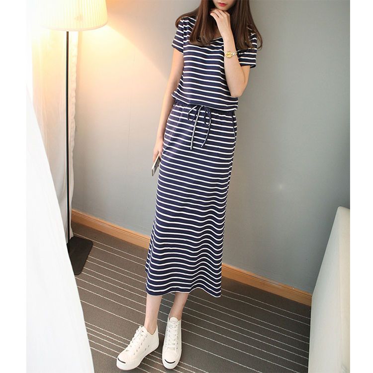 Round Neck Striped Cinched Plus Size Short Sleeve Dress