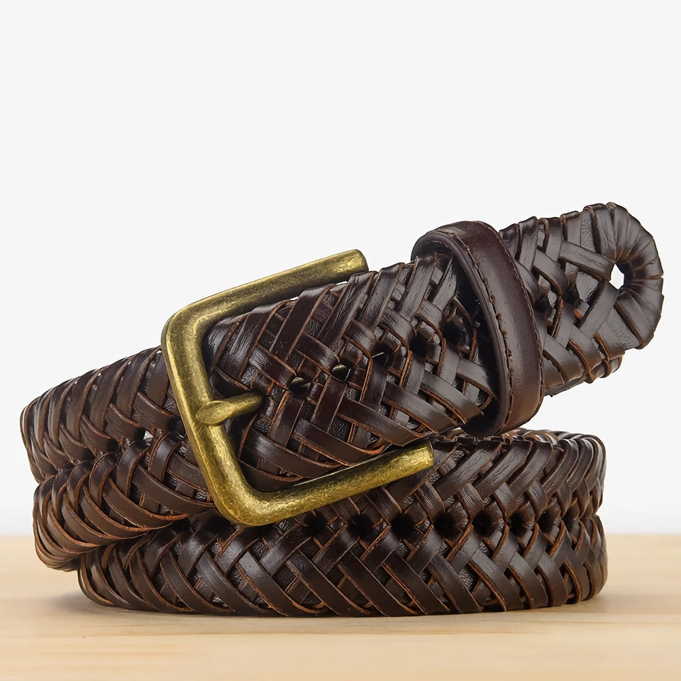 Men’s Genuine Leather Braided Belt – Vintage Knitted Strap, No Holes, High Quality