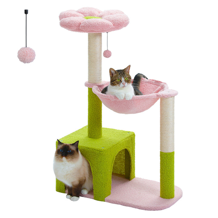 Cute Flower Cat Tree with Condo, Hammock & Sisal Scratching Posts for Indoor Kittens