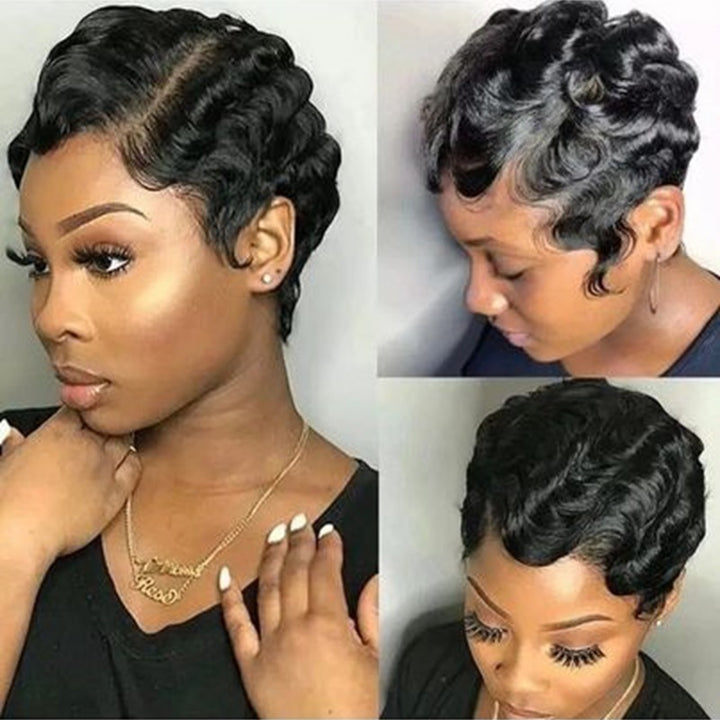 Human H Air T Frontal Deep Wave Pixie Cut Bob Wig