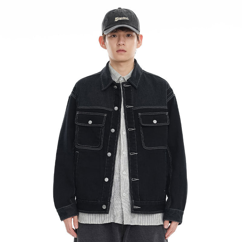 Color Stitching Turnover Neck Denim Coat Men And Women Cityboy Loose Workwear Casual Jacket