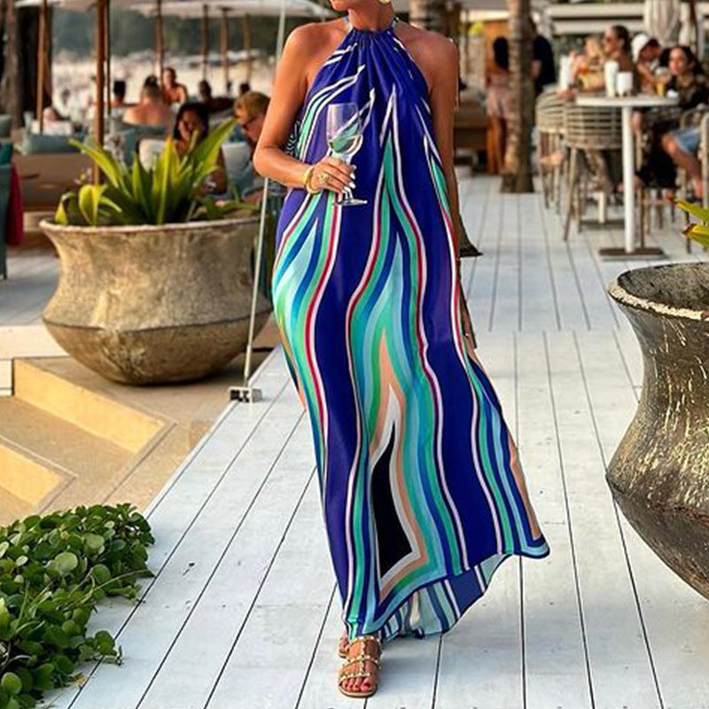 Fashion Printed Halter Bohemian Mid-length Beach Dress