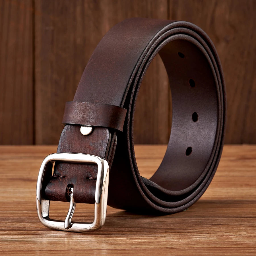 Men's Genuine Leather Vintage Belt with Anti-Allergy Stainless Steel Buckle