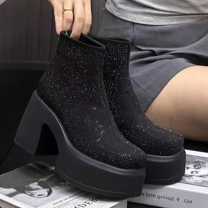 Starry Rhinestone Platform Chunky Heel Booties