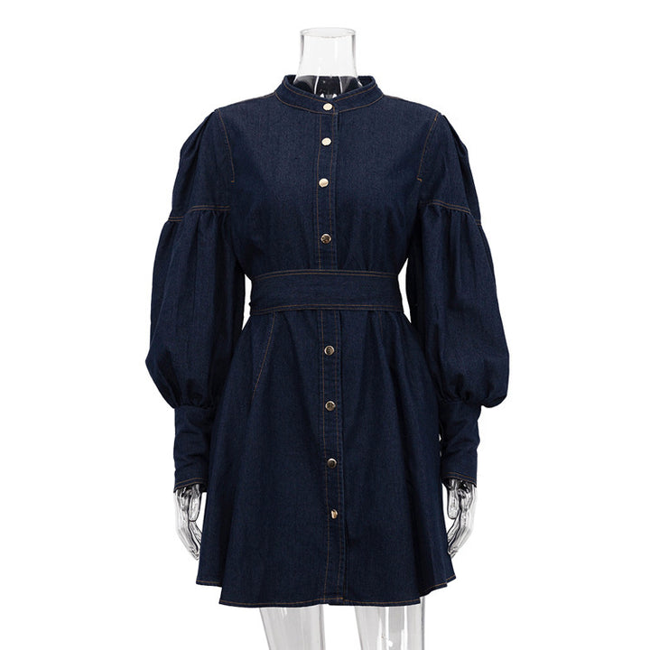 Lantern Sleeve Lace-up Denim Shirt Dress