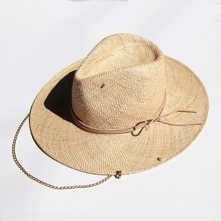 Raffia Sun Hat with Chain and Pin Detail
