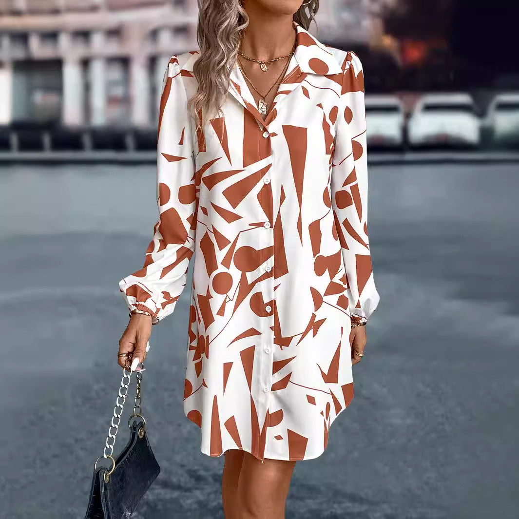 Shirt Collar Single-breasted Printed Long Sleeve Loose Casual Dress