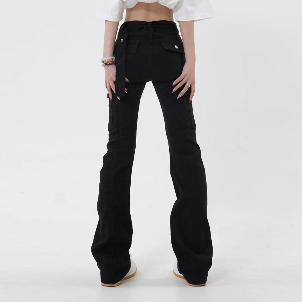 Slim Black Flare Pants: American Style Solid Color Chic Buttons Women's Jeans