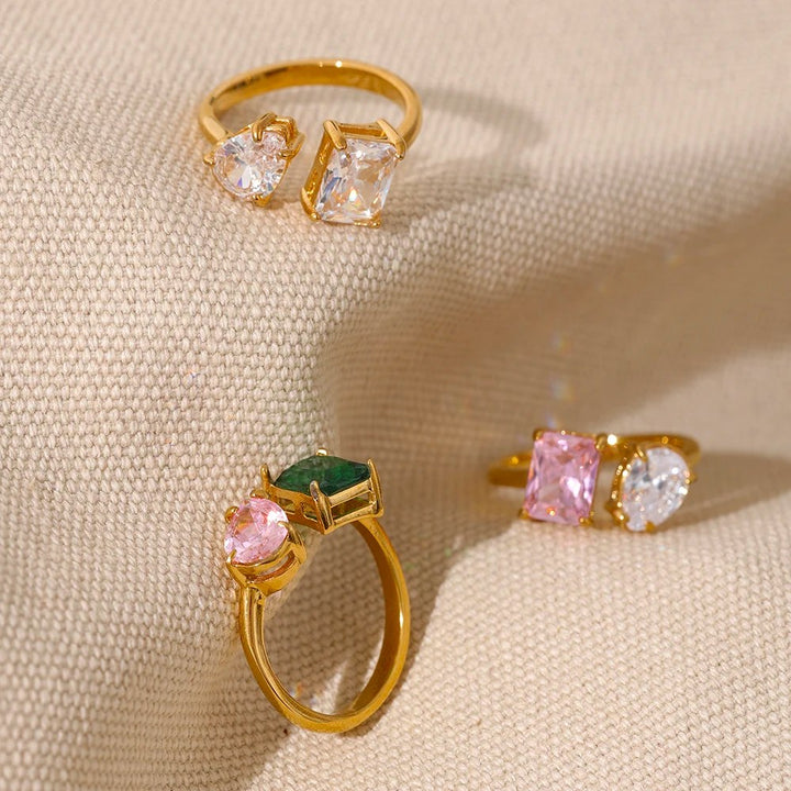 Waterproof Adjustable Open Ring with Pink and Green Cubic Zirconia