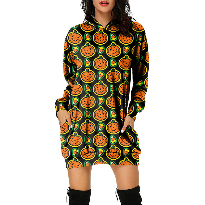 Halloween Theme Women's Pullover Hooded Sweater Dress