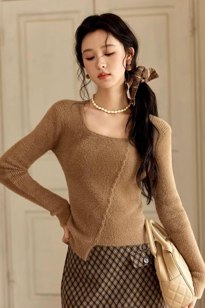 Women's Asymmetric Casual Knitted Sweater with Square Neck – Fall/Winter 2024