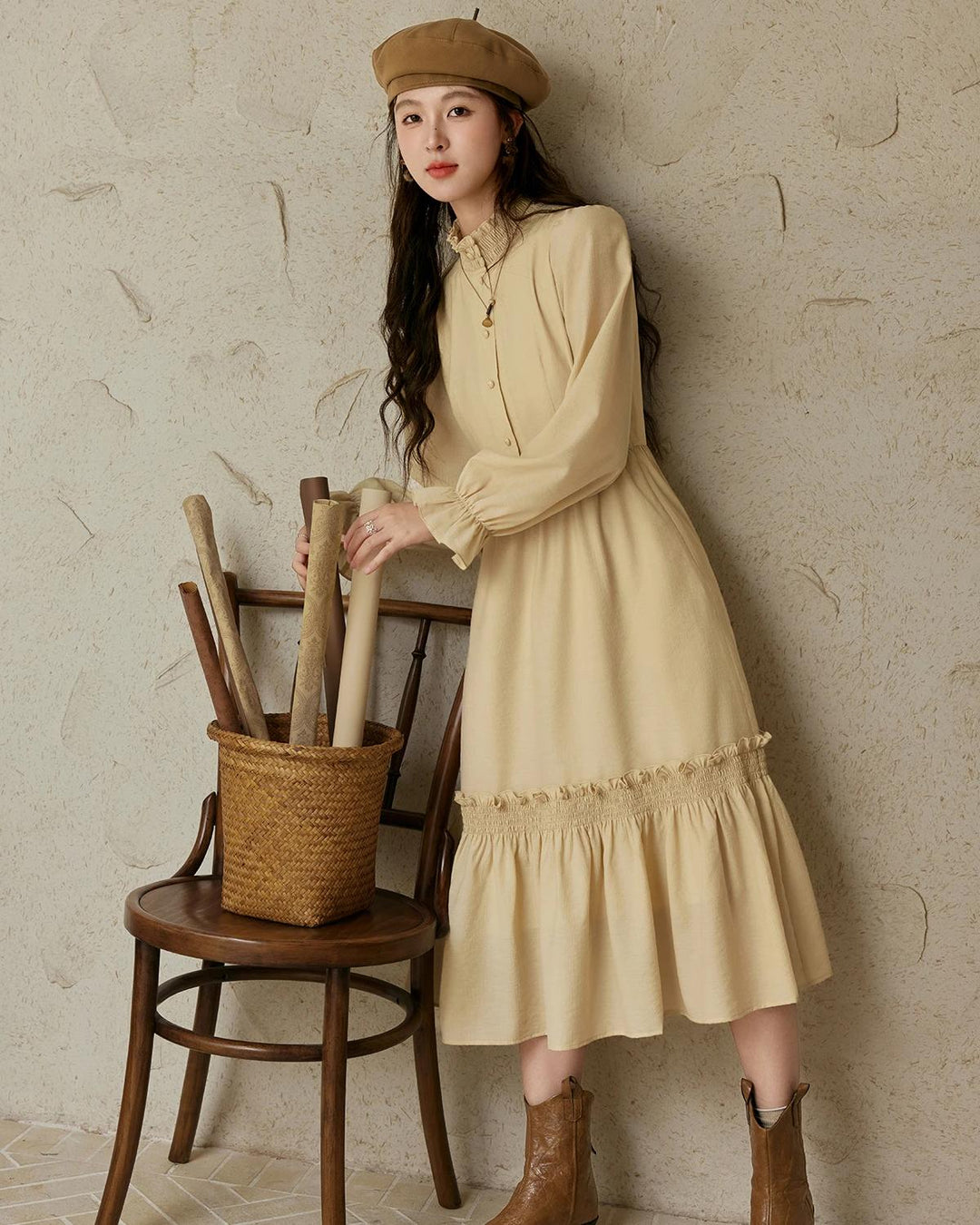 Elegant French Stand Neck A-Line Dress with Elastic Sleeves for Autumn