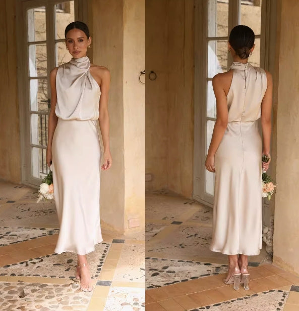 Champagne Colored Satin Covered Simple Dress