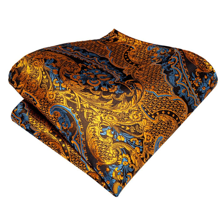 Luxury Silk Floral Black Gold Paisley Tie Set with Pocket Square & Cufflinks