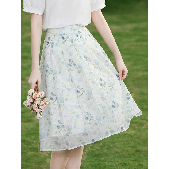 Summer Floral Chiffon Midi Skirt