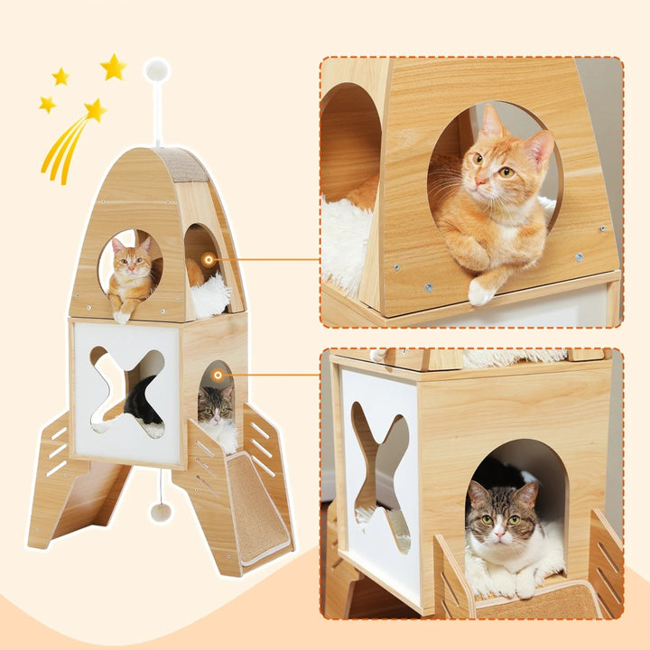 Modern Rocket-Shaped Cat Tree with Condos, Dangling Balls & Sisal Scratching Pads