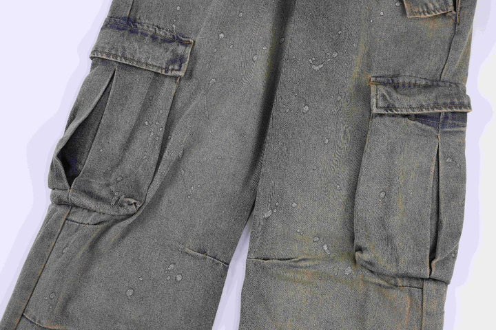 American Street Fashion Retro Easy Matching Washed Cargo Pocket Denim Trousers - Trendha