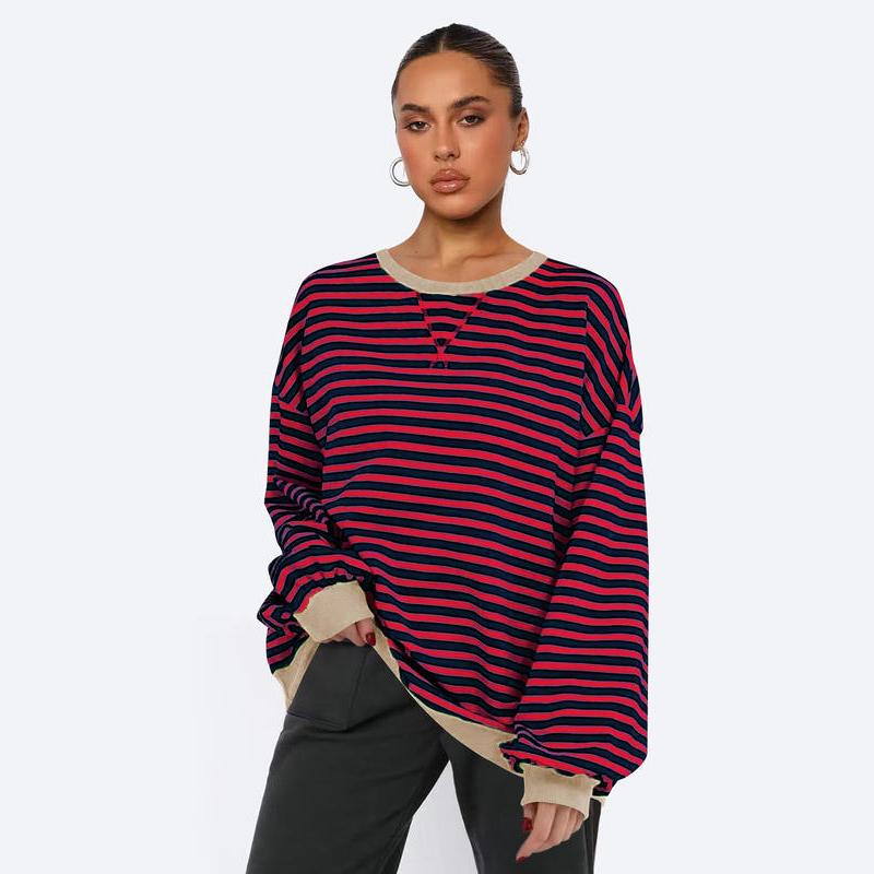 Women's Patchwork Striped Loose Sweatshirt - Autumn Fashion Casual Pullover