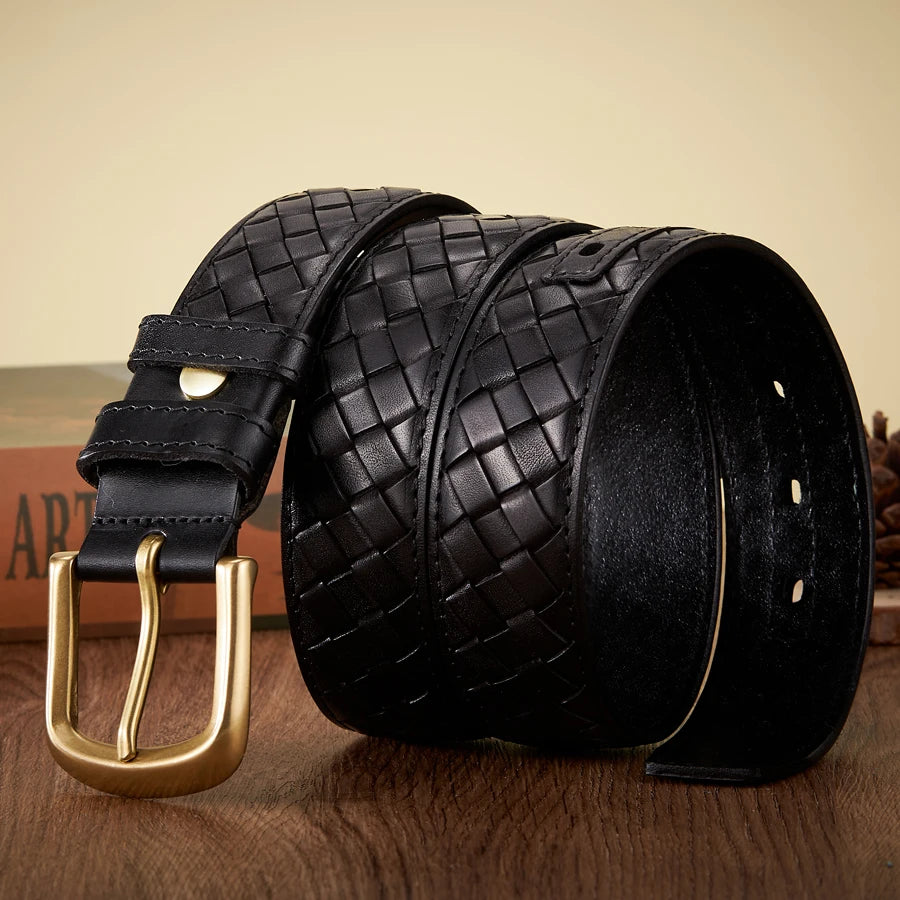 Men's Braided Leather Belt with Copper Buckle – Genuine Cowskin Strap for Jeans