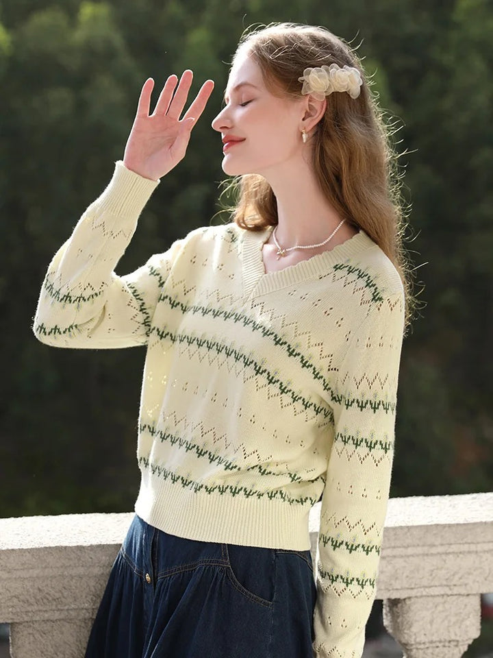 Apricot V-Neck Hollow Knit Sweater for Women