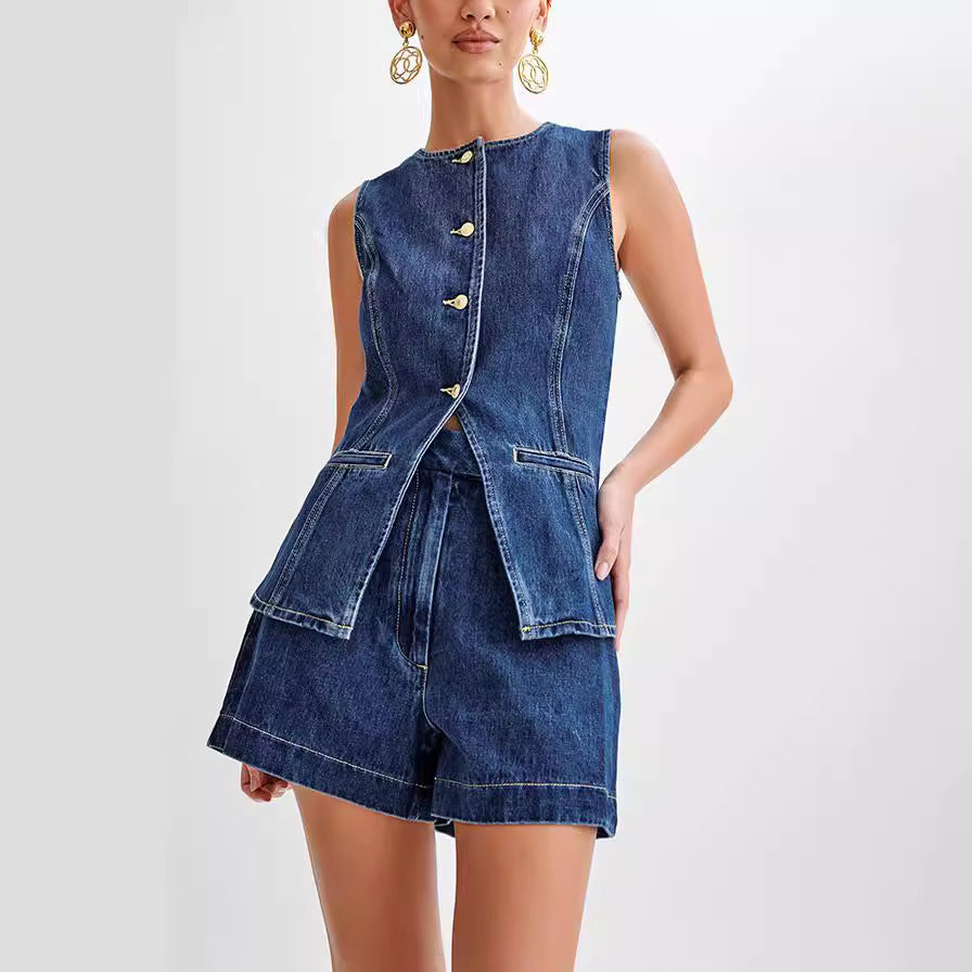 Fashion Denim Suit Summer Casual Sleeveless Button Vest Top And High Waist Shorts Set For Womens Clothing