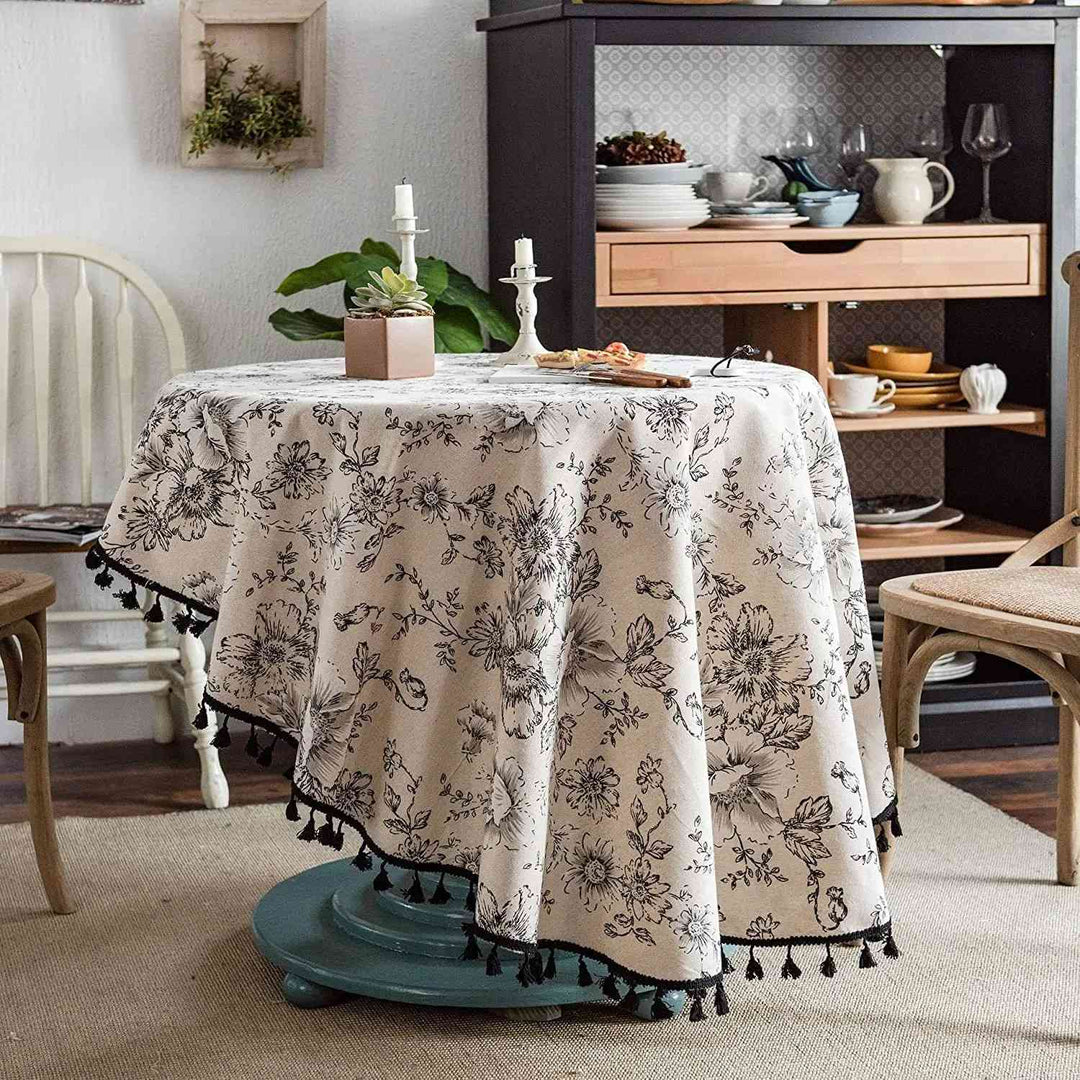 Elegant Floral Cotton Linen Round Tablecloth with Tassels