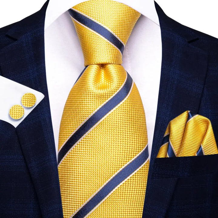 Luxury Yellow and Blue Striped Necktie Set for Men