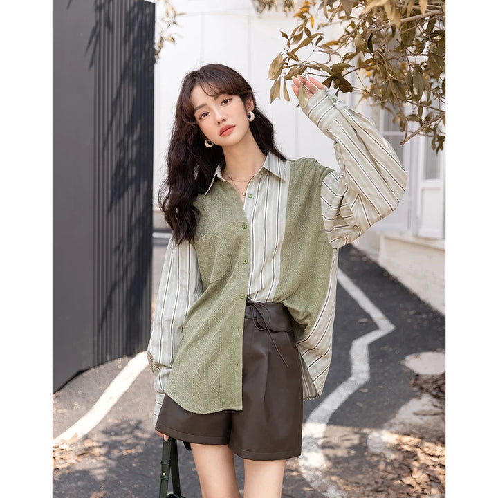 Autumn Korean Knitted Patchwork Striped Turndown Collar Casual Tops for Women