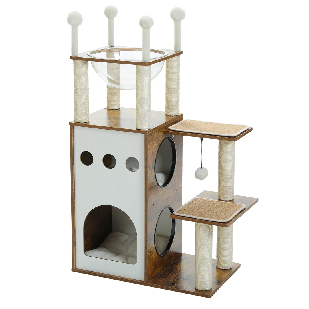 Modern Wooden Cat Tree Tower with 2-Floor Condo, Scratching Posts