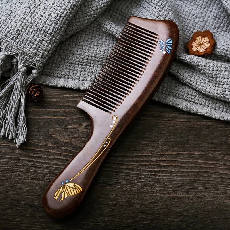 Natural Gold Sandalwood Comb with Dense Teeth