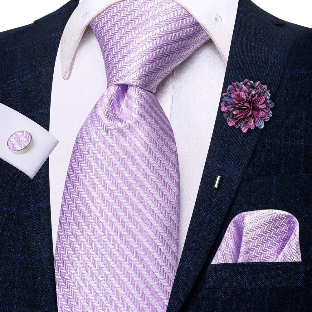 Striped Lilac Silk Necktie Set for Men