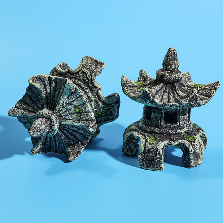 Resin Ancient Pavilion Aquarium Decoration - Rock Cave Building Ornament for Aquatic Landscaping