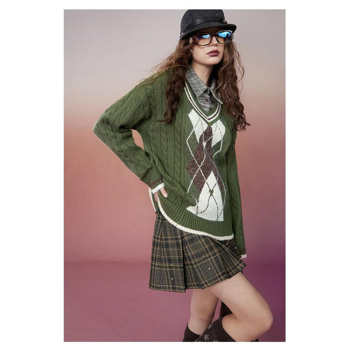 Retro Rhombus Spliced Pullover Sweater