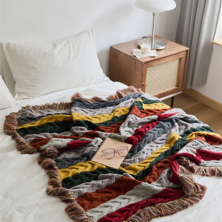 Elegant Wool Blanket with Crochet Contrast Color and Tassel Edges