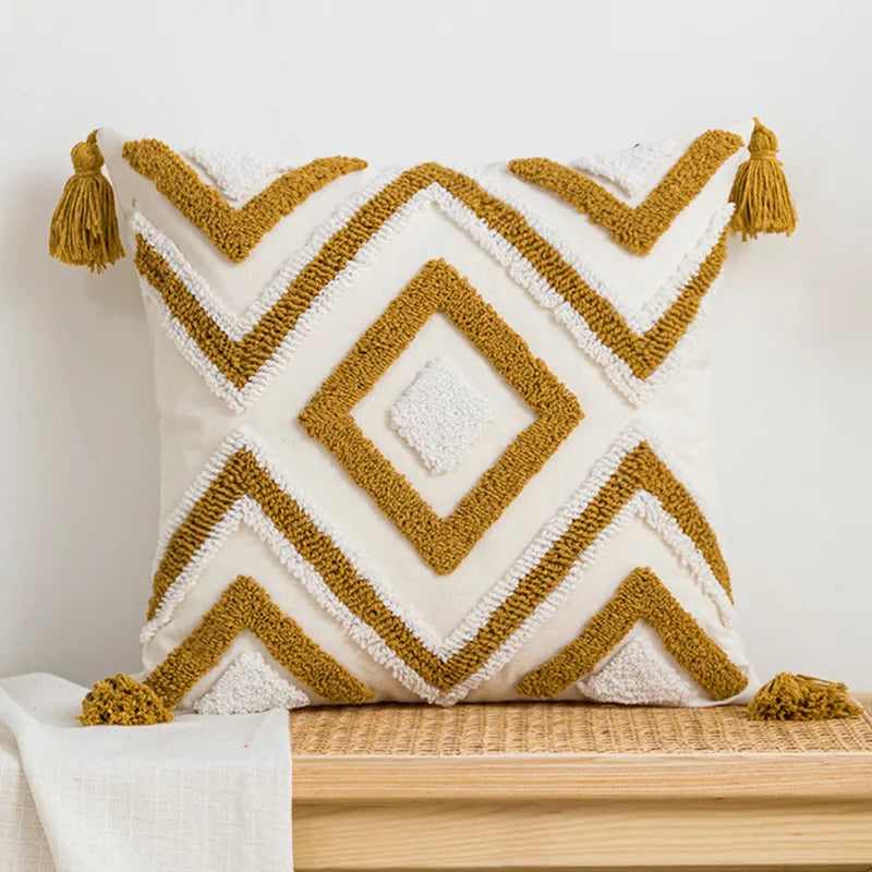 Geometric Embroidered Cotton Tufted Pillow Cover with Fringe – Decorative Cushion for Sofa – 18x18in/12x20in