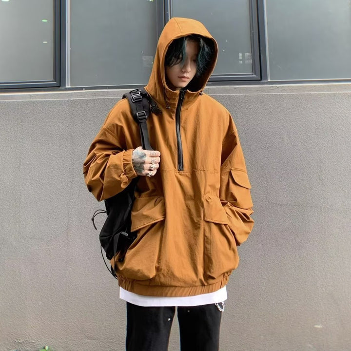 Top Hooded Jacket Loose Half Zip Windbreaker Workwear