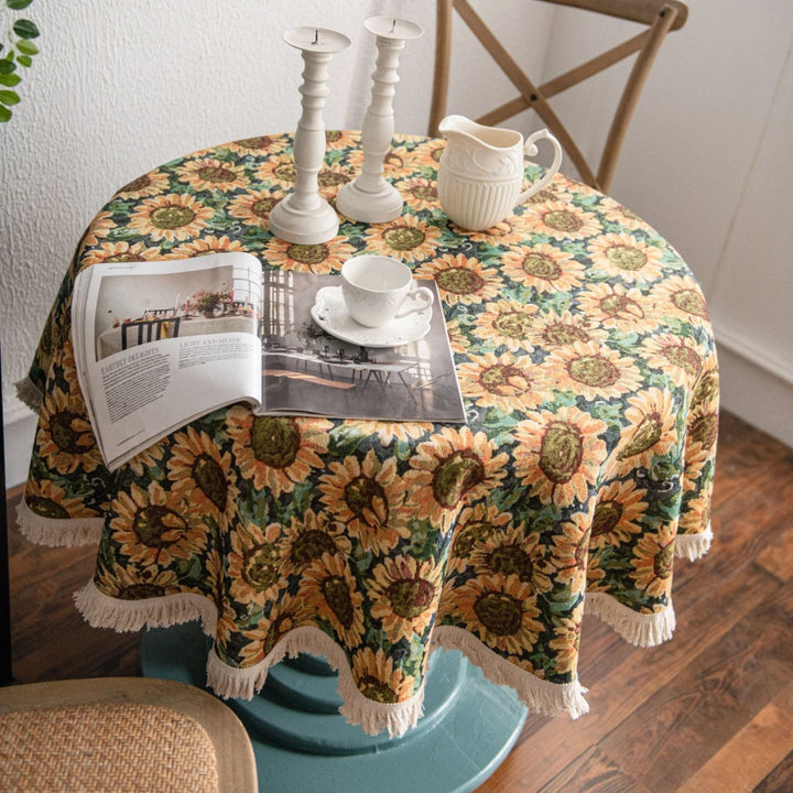 Elegant American Jacquard Sunflower Round Tablecloth