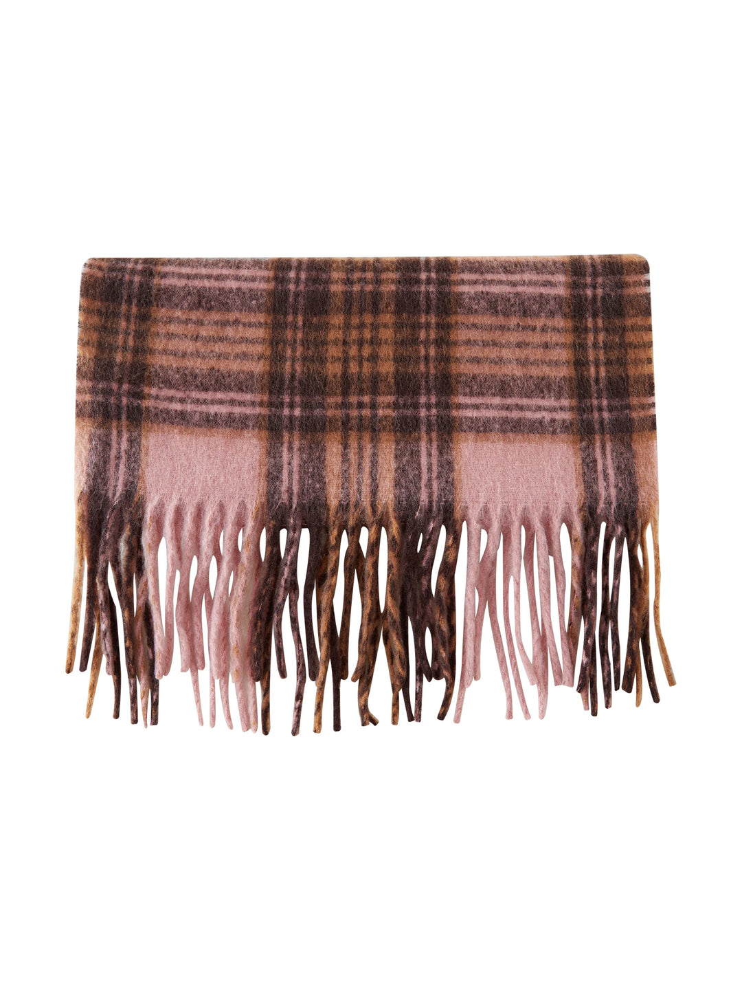 Cozy Plaid Winter Scarf for Women – Pink Coffee Tassel Design, Warm and Stylish