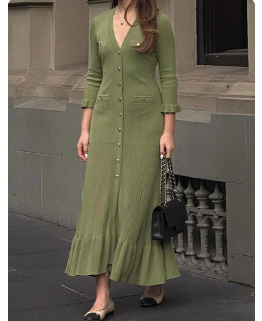 French Style Elegant V-neck Ruffle Sleeve Mid-length Knitted Dress Women