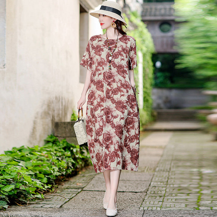 Women's Casual Versatile Cotton And Linen Floral Dress